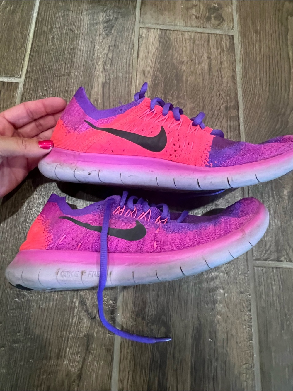 Nike Women's Neon Pink and Purple Flyknit Running Sneakers